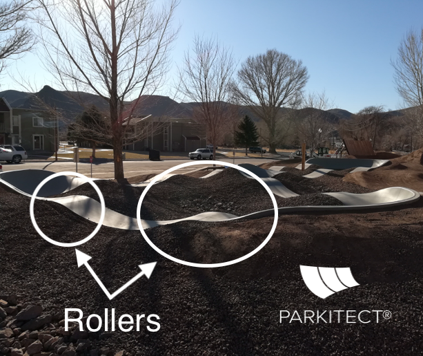 A PARKITECT modular pumptrack made of pre-cast concrete incorporated into the landscape. The rollers are the bumps in the track.