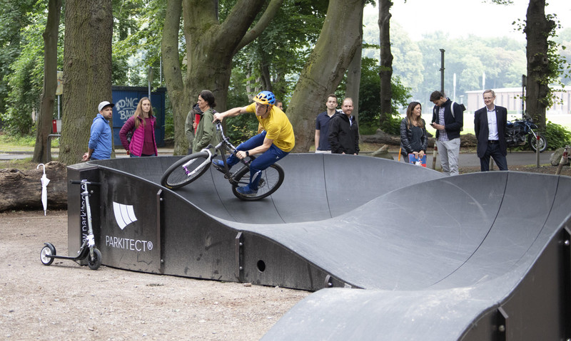 A cyclist rides the modular pumptrack that was part of a study conducted by Sporthochschule Köln