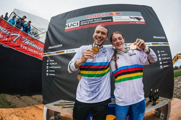 A sweep for the USA Tommy Zula and Payton Ridenour in their rainbow jerseys are the UCI Redbull Pump Track World Champions for 2019.