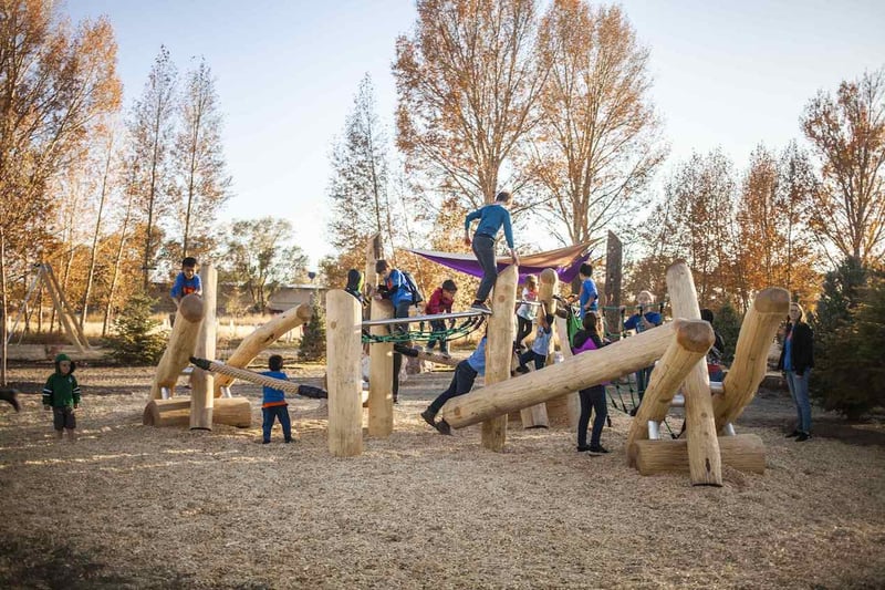 Children climb over logs and the rest of the natural playground at Rio Grande Farm Park