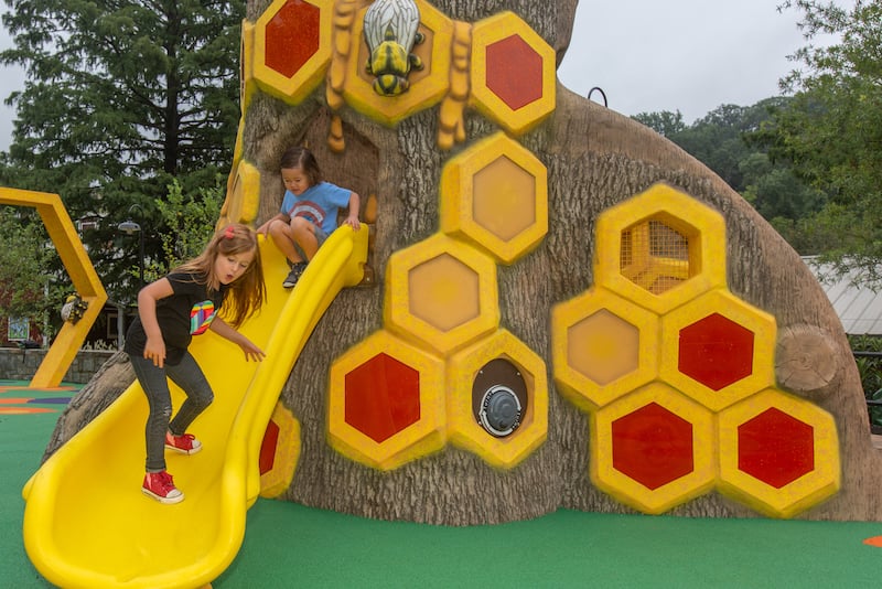 Me and the Bee, a themed playground at the Smithsonian’s National Zoo in Washington D.C. All of the playground structures resemble aspects of the bee’s world, including honeycomb structures, flowers and a climbable bee sculpture.