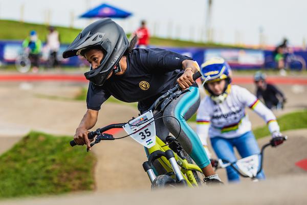 Khothalang Leuta and Payton Ridenour practice on the Red Bull UCI Pump Track 2021 World Championship course at Lisbon, Portugal.