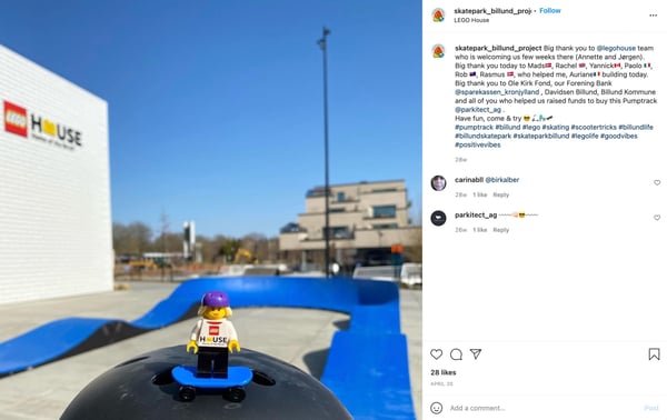 Kudos to Skatepark Billund Project whove been moving one of our modular pumptracks around Billund for all to enjoy, including in front of the LEGO house