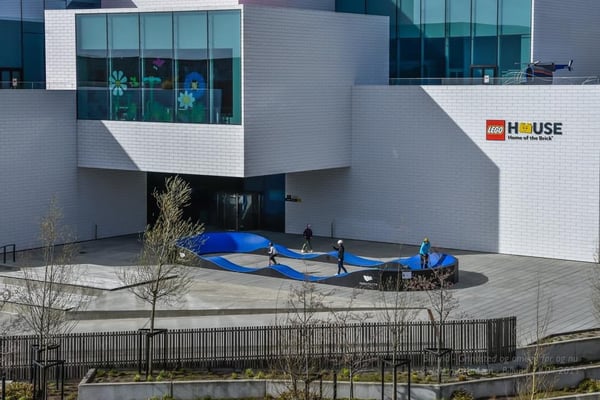 PARKITECTs modular pumptrack on display outside the Lego headquarters, a leader in modular play