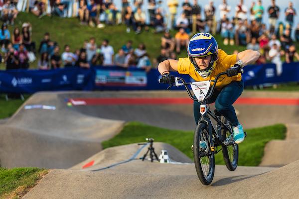 Defending champion Payton Ridenour racing in the finals at the Red Bull UCI Pump Track World Championships 2021.