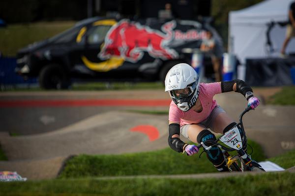 A racer navigates the Red Bull UCI Pump Track 2021 World Championship course in Lisbon, Portugal