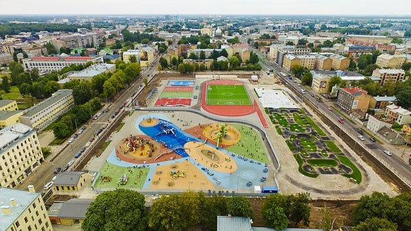 The massive four hectare sports center square in Riga, Latvia features a 3000m2 asphault pumptrack by Velosolutions.