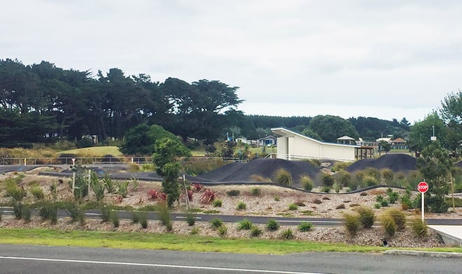 The pumptrack in the town of Foxton, New Zealand is widely embraced by the surrounding community and is beautifully integrated into the surrounding landscape.