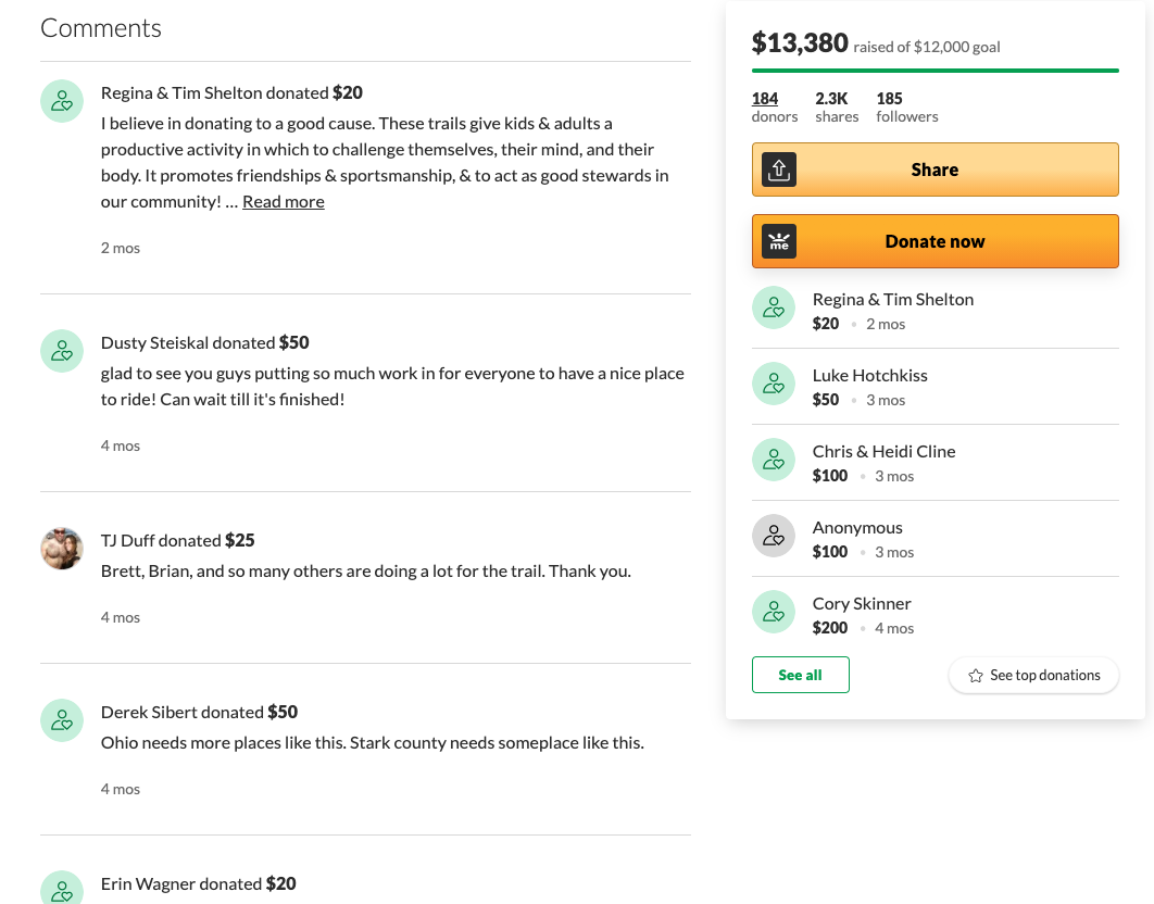A perpetual online donation page is a great way to raise funds for a pumptrack. Wicks Outlaw Trail GoFundMe Page.
