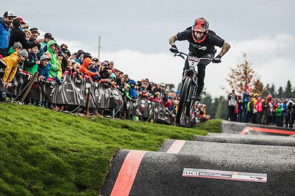Pumptrack rider racing in a world championship qualifying race.